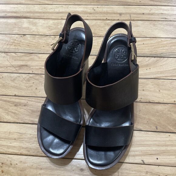 Tory Burch Genuine Leather Platform Wedge Heels Women 6 Black Boho Gold Buckle - Picture 13 of 16